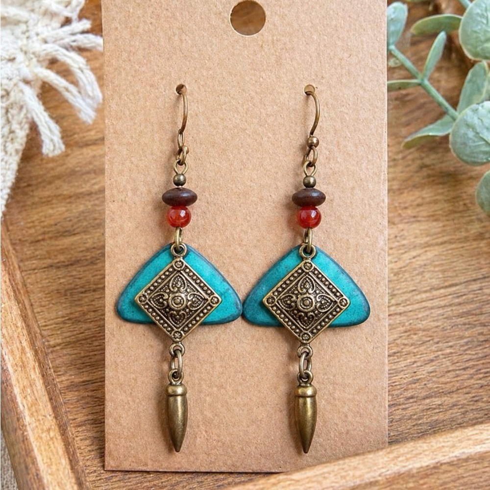 Vintage Turquoise Tone Brass Drop Earrings Boho Western Artisan